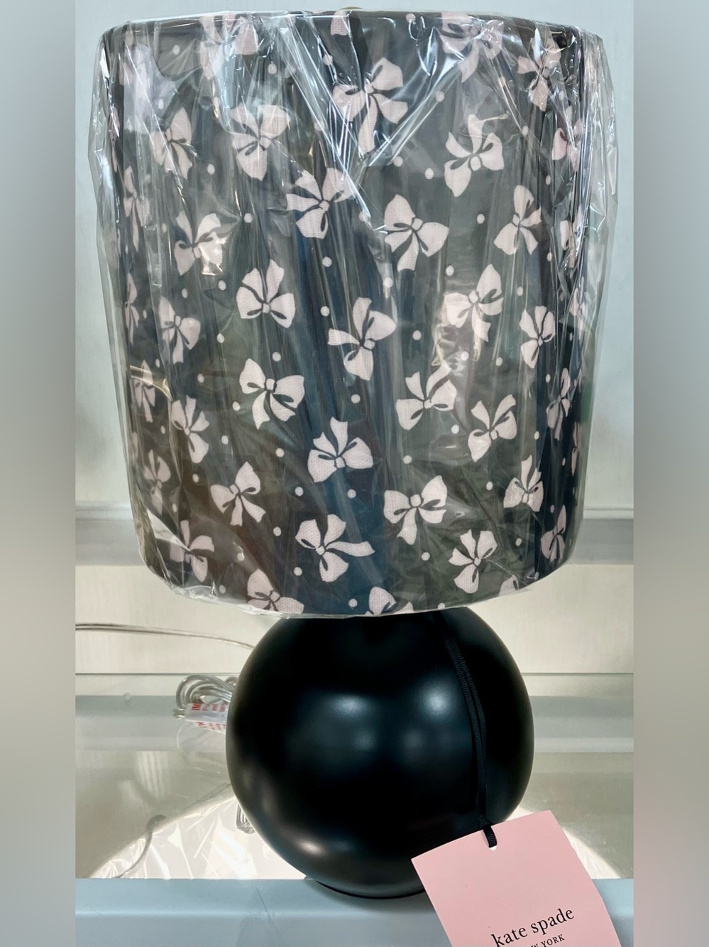 Kate Spade PINK BOW SHADE WITH BLACK ball table top lamp New